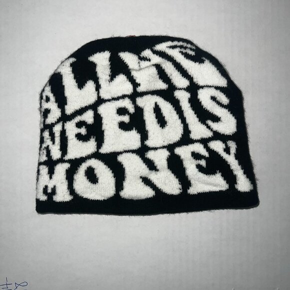 All I Need Is Money Beanie Hat Black White Knit Streetwear Graphic Unisex One - Picture 1 of 2